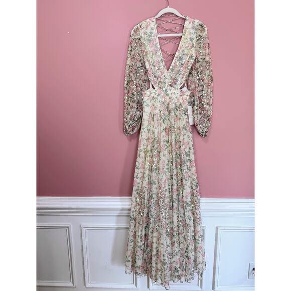 NEW NWT Mac Duggal Floral Sequined Cut Out Lace Up Gown A93746 Size 4 - Picture 4 of 15